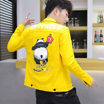 

Fashion Mens Short Denim Jacket Long Sleeve Jacket Cartoon Pattern Back Single Breasted Cool Jackets Students Outwear A64