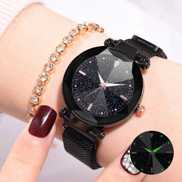 Новые женские часы Модные Роскошные Кварцевые часы с магнитной пряжкой ремешок из нержавеющей стали преломляющая поверхность светящиеся часы с циферблатом - Цвет: Черный