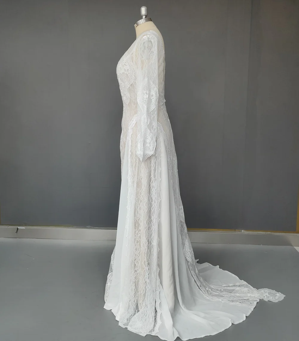 wedding gown Factory Price 100 % Real Sample Photo Long Sleeve Backless O-Neck Lace Boho Bohemian  Beach Wedding Dress Bridal Gown wedding gown