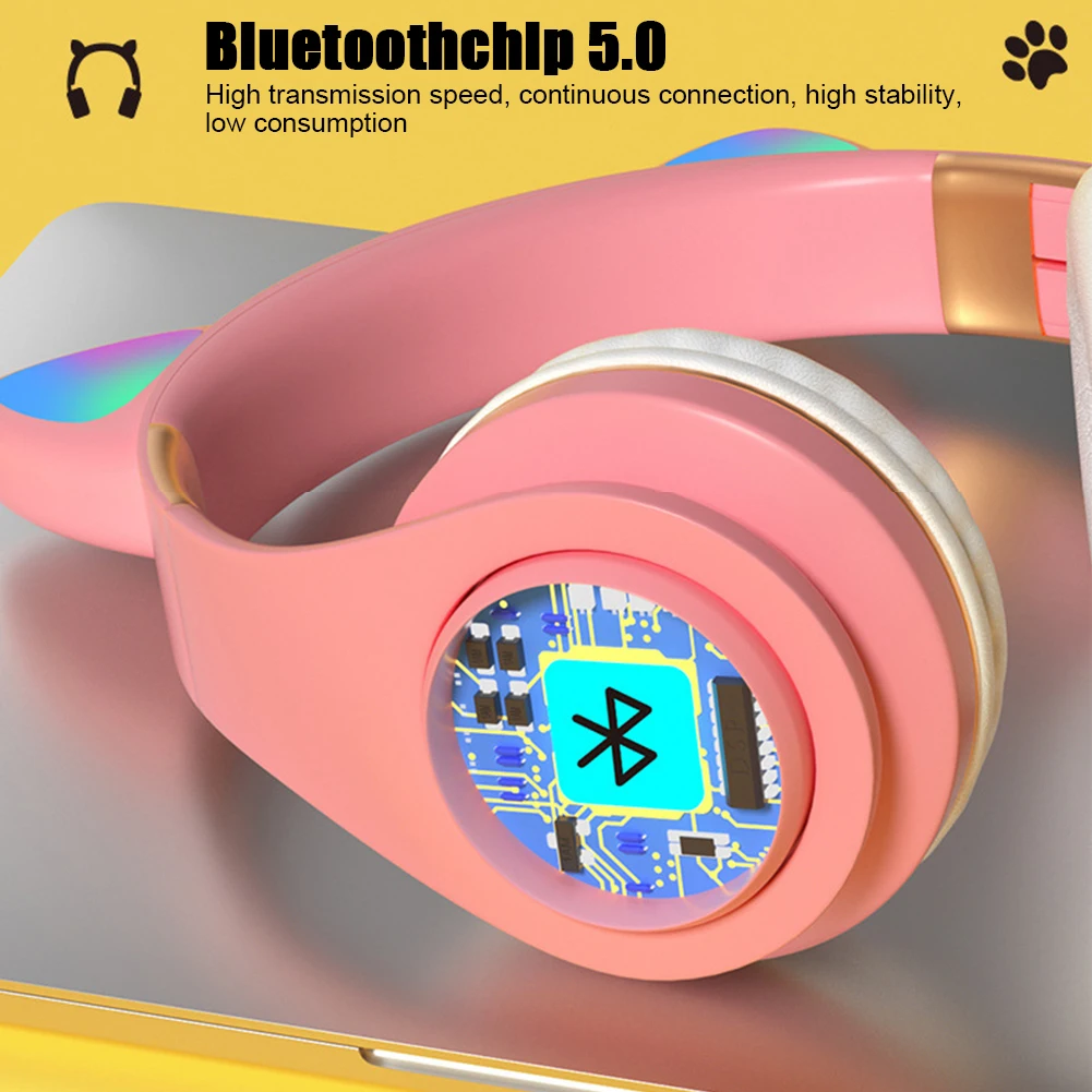With LED Light Gaming Ergonomic Cat Ear Cute Wireless Bluetooth Headset Calling Glowing Noise Cancelling Stereo Sound Hands Free