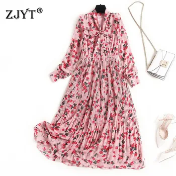 

New Arrival Spring Dresses for Women 2020 Fashion Ladies Long Sleeve Bow Neck Floral Print Mid Calf Pleated Sweet Chiffon Dress