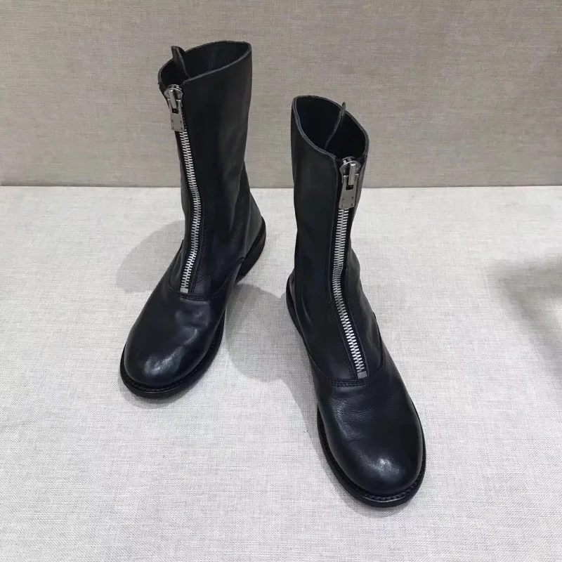 Boots Toe Autumn Round Winter Front Zipper Vintage Womens
