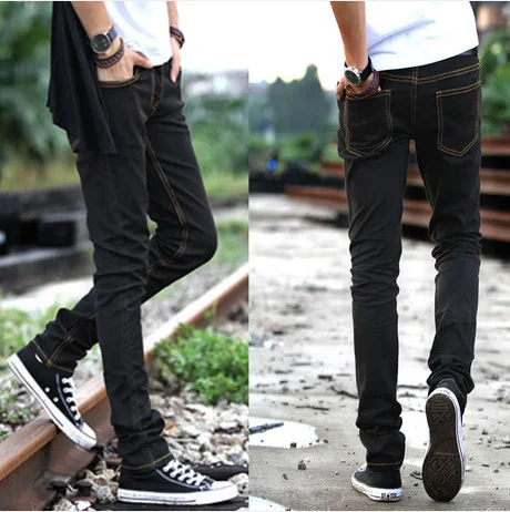 

2016 New Style Slim Fit BOY'S Jeans Black Lin Curved Korean-style Yellow Strip Black Trousers Elasticity Skinny Pants Trousers
