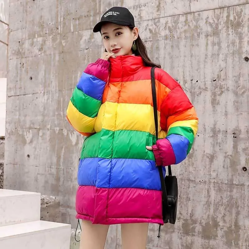 

NiceMix Harajuku Parkas Rainbow Stripes Coat Women Long Sleeve Loose Jacket 2019 Winter Warm Outwear Femme Chaqueta Mujer