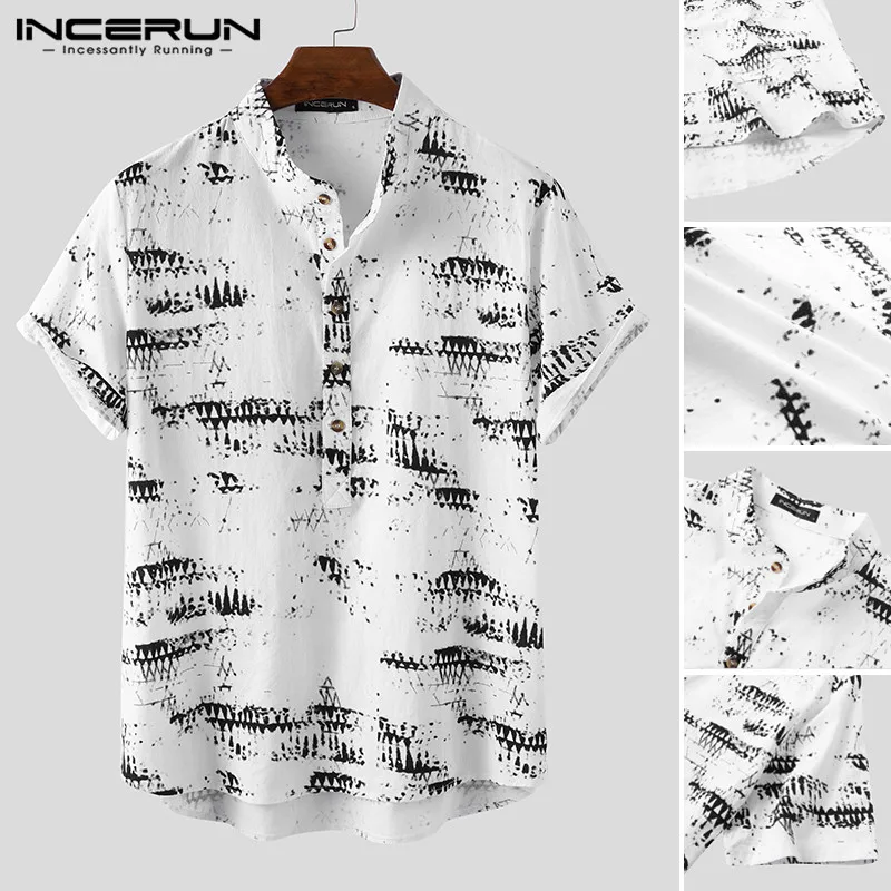 INCERUN, camisas estampadas Vintage para hombres, Camisa de manga corta con cuello levantado, botones casuales para hombre, blusa suelta, Camisa Floral de algodón a la moda