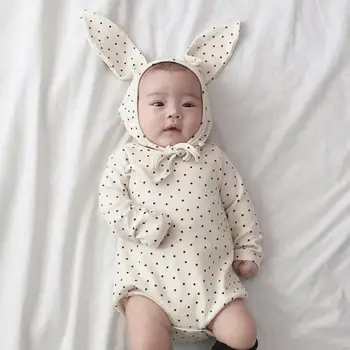 

2020 New Baby Bodysuit Cute Print Pure Cotton Baby Autumn Clothes Boy Girl Baby Jumpsuit And Big Rabbit Ear Hat Baby Clothes