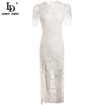 

LD LINDA DELLA Summer Elegant White Dress Women Fashion Designer Gorgeous Lace Embroidery Hollow out A-Line Midi Party Dress