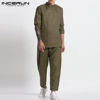 

INCERUN Men Sets Cotton Streetwear Long Sleeve Stand Collar Shirts Pants Vintage 2020 Solid Color Men Muslim Islamic Sets S-5XL