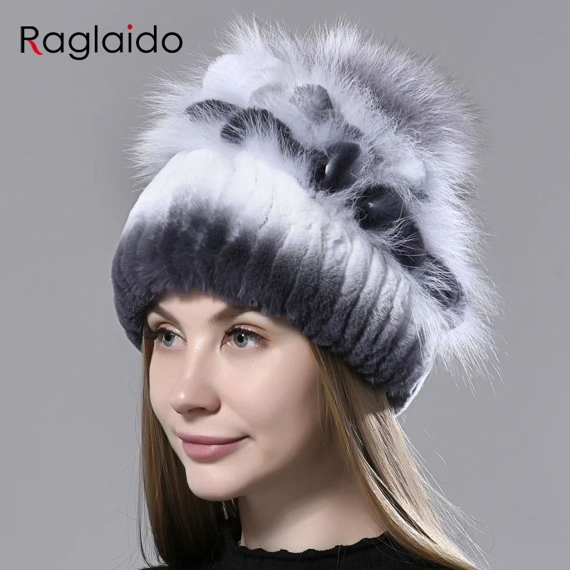Fur Hat Women Winter Rex Rabbit Fur Knitted Beanies Fluffy Fox Fur Hat inner Woolen skulls Warm Stylish Female Natural Fur Hats