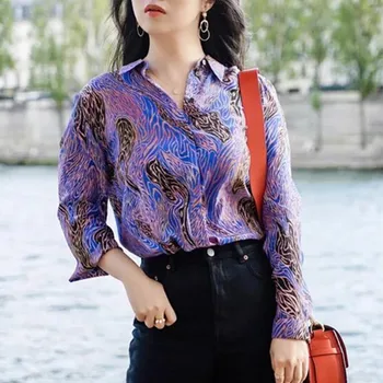 

Vintage Stripes Printted Women Shirt 2020 New Spring Turn Down Collar Purple Ladies Causal Long-sleeved Blouse Top