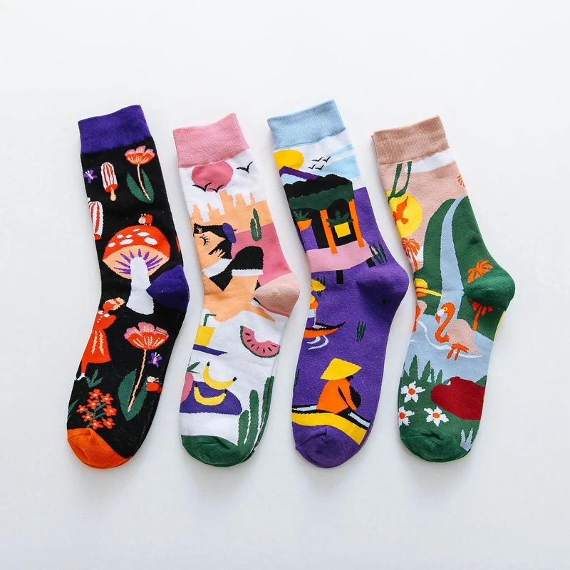 Женские носки с изображением растений, грибов, речек, птиц, мужские носки, хлопковые модные классные носки для счастливой личности, специальные носки, повседневные носки для взрослых