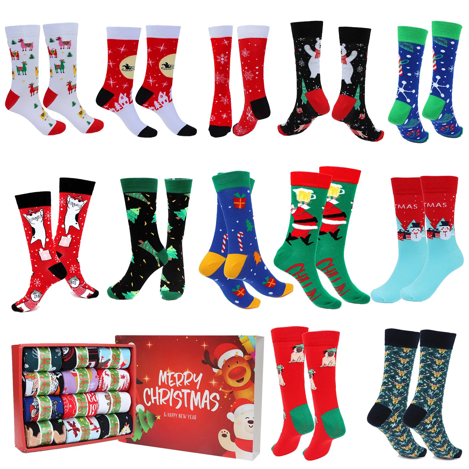12PCS Adult Christmas Holiday Socks 14.1x3.1Inch Christmas Stockings Holiday Crew Socks for Boys Girls Women Gifts