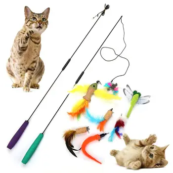 

9 Pcs Cat Interactive Colorful Feather Teaser Stick with Refills Dragonfly Bee Fish Shape Cat Funny Entertainment Toy