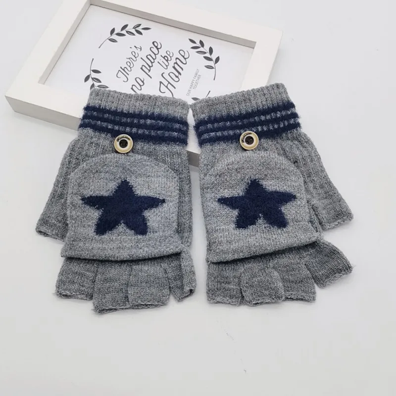 Girls Mittens Warm 8-14T Children Gloves Baby Winter Star Pattern Kids Versatile Cotton Knitted Boys Half-finger Gloves