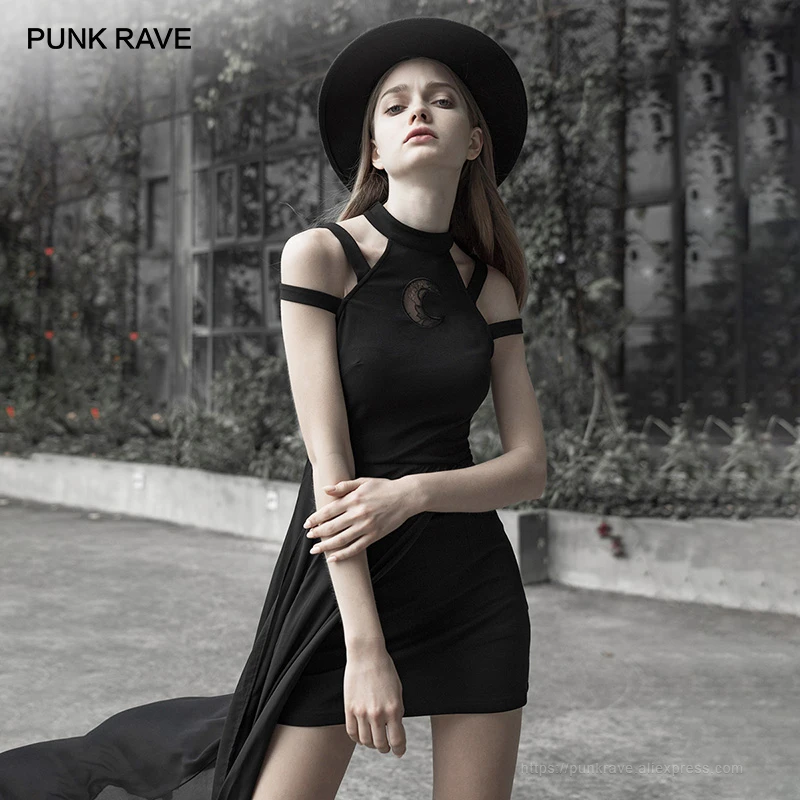 Панк рейв девушка Готический Холтер с заниженным плечом многослойное платье Клубное модное сексуальное женское черное платье - Цвет: Черный