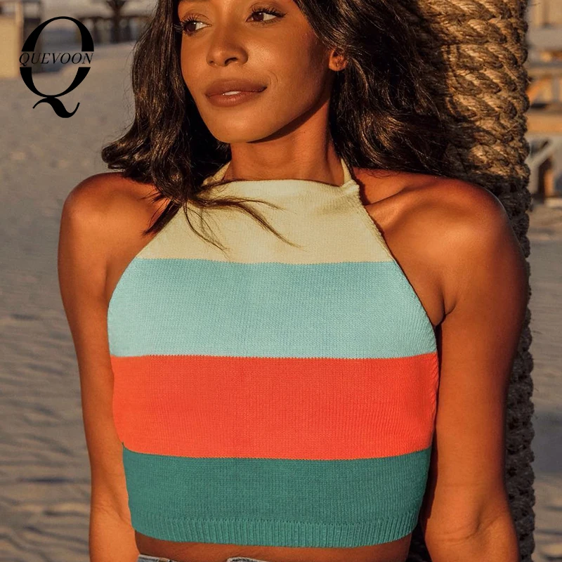

QUEVOON Women's Halter Tops Rainbow Striped Lace Up Cropped Tops Fashion Summer Tops Boho Ladies Tank Tops Skinny Backless Tops