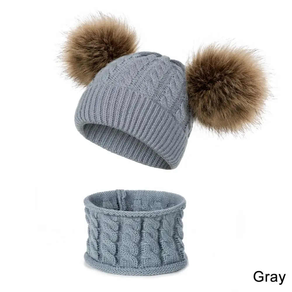 New Arrival Children Winter Thicken Braided Knitted Hat Scarf Set Solid Color Cute Fluffy Pompom Ball Beanies Scarf Set - Цвет: gray2