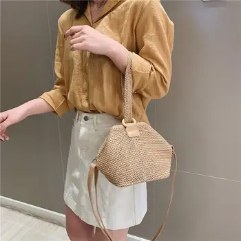

Simple Straw Round Women shoulder bag Handmade Woven Bohemian Handbag Summer Beach Lady wicker rattan bag Large capacity