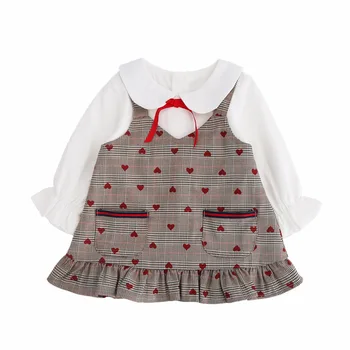 

WLG Girls Boutique Dress Kids Spring Fake Two Long Sleeve Plaid Heart Printed Dresses Baby Girl Cute Clothes