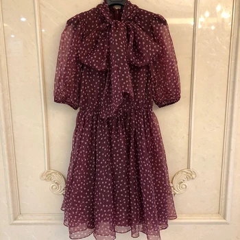 

2020 Women Dress Tie Neck Mini Dress Vestidos Women Polka Dot Mesh Dress Femme
