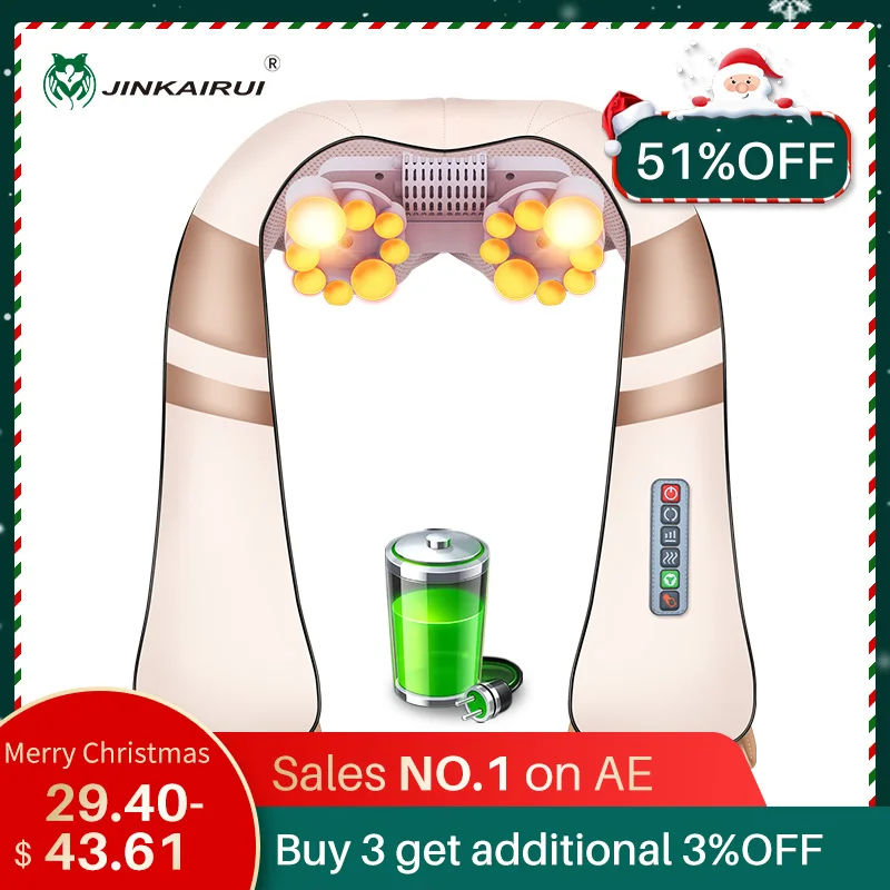 Online JinKaiRui Cordless Rechargeable Neck Back Shiatsu Massager 3D Deep Kneading Portable Full Body Massagem with Heat Relieve Pain