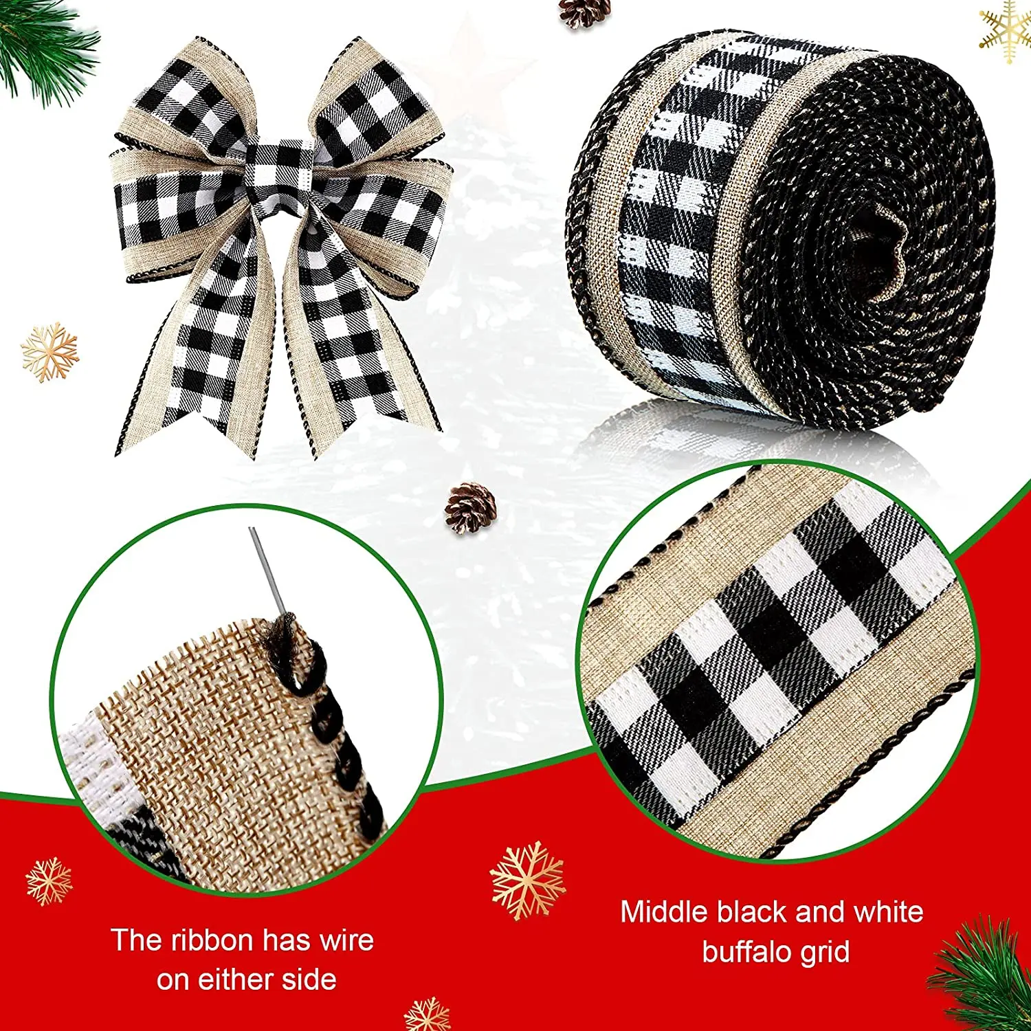 DIY Black White Gingham Ribbon - Crafts Decoration Wire Ribbon  Multifunction Christmas Plaid Wired Ribbon Durable Bows Ribbon Suitable for  Gifts