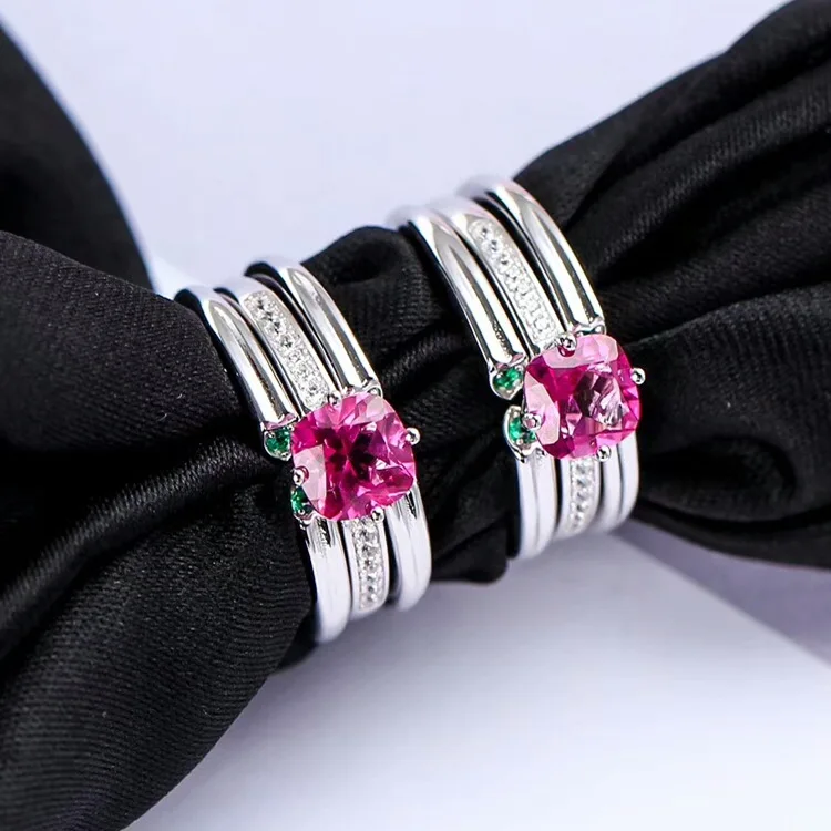 

Fashion New Style Dual Purpose Splittable Gemstone Rings Hand Jewelry 925 Silver Inlaid Rose-red Natural Topaz Ring Adjustable