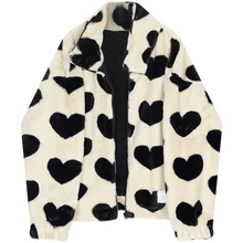 Harajuku Heart Full Print Plush Jacket Women Winter 2021 Korean Large Size Long Sleeve Hooded Cotton Coat Thick Warm Clothes