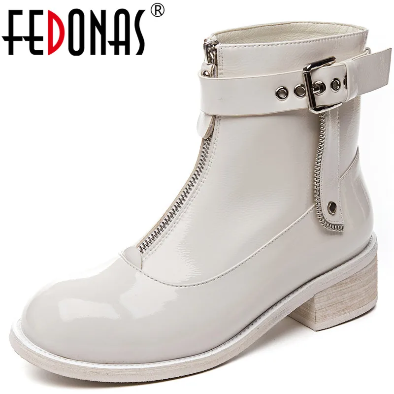 

FEDONAS Classic Design Women Autumn Winter Front Zipper Ankle Boots Women Round Toe Party Basic Shoes Woman Patent Leather Boots