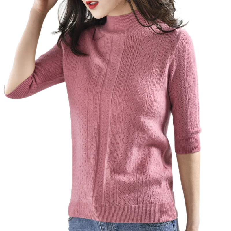

100% Wool Knitted Turtleneck T Shirt Women Short Sleeve Hallow Out T-shirts Pullover Tee Sweater Jumper High-end Pure Merino Top