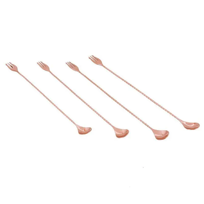 

Set of 4 Stainless Steel Mixing Spoon with Fork- Copper Plated | Cocktail Mixing Spoon | Twisted Handle Bar Spoon-30cm