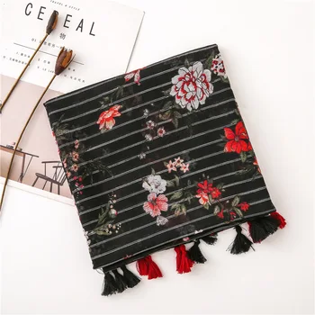 

Luxury Brand black printed Scarf WomenSoft Pashminas shawls and Scarves Muslim Hijab floral Print cape