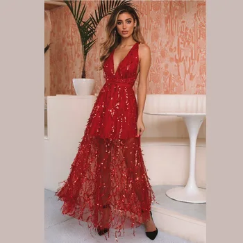 

Sexy Sleeveless Deep V Neck Evening Dress Robe Longue Femme Soirée Criss Cross Back Tassels Sequined Burgundy Dress Robe Rouge