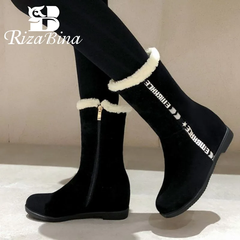 

RizaBina Warm With Fur Snow Boots Women Winter Plush Mid Calf Boots Solid Color Round Toe Outdoor Women Footwear Size 34-43