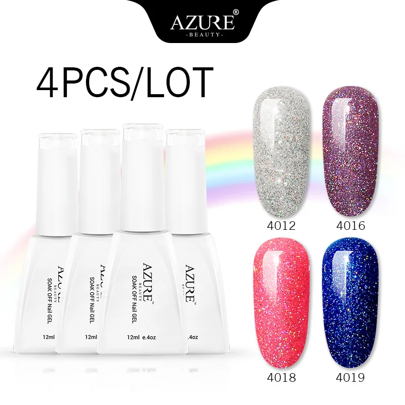 

Azure Beauty 4Pcs/Lot Shiny Rainbow Led Gel Nail Polish Long Lasting Neon Glitter UV Nail Lacquer Varnish Kits Sequins Gel