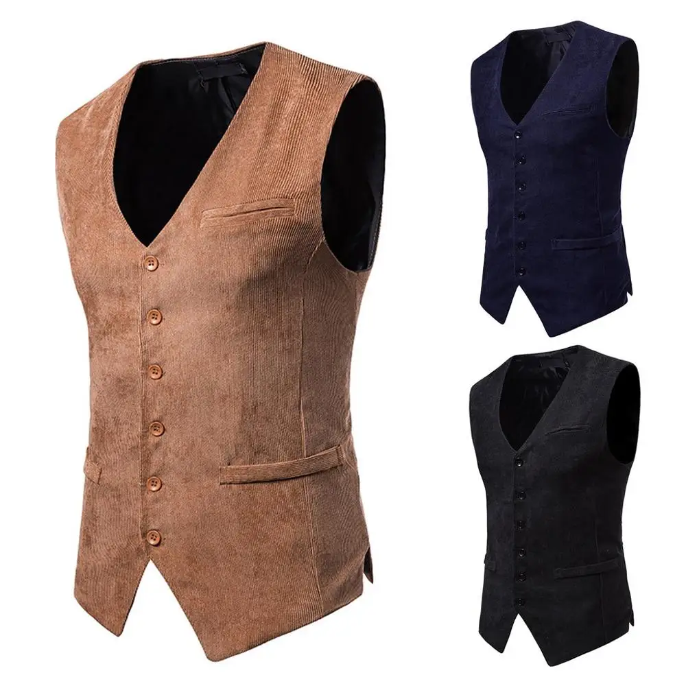 Мужской вельветовый жилет винтажный однотонный на пуговицах топ блузка Осень