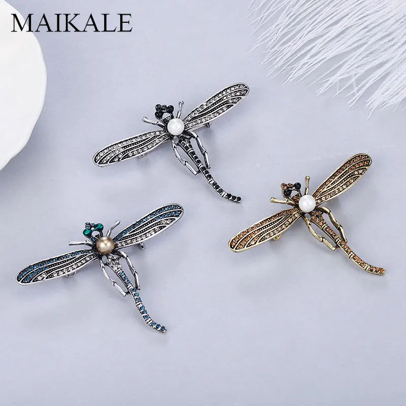 

MAIKALE Vintage Crystal Dragonfly Brooch Pins Pearl Rhinestone Insect Brooches for Women Girls Bag Accessories Metal Broche Gift