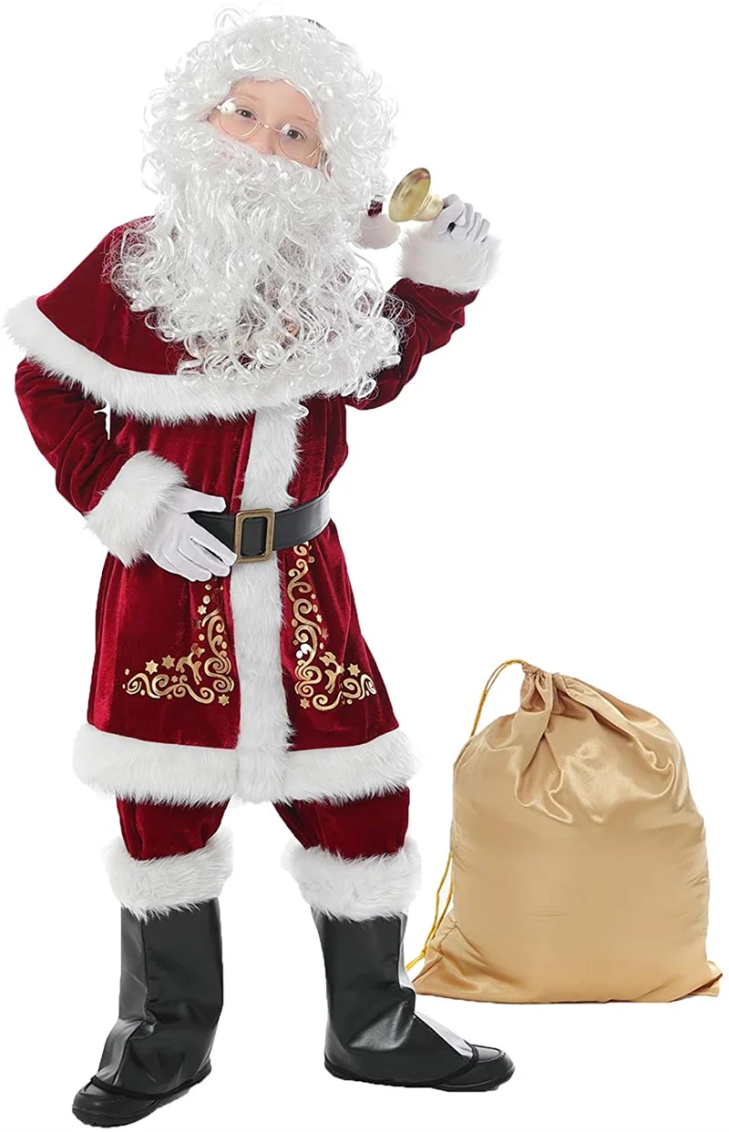 Man Santa Claus Suit Adult Christmas Cosplay Costume Red Deluxe Velvet Fancy 8pcs Set Xmas Party Family Costume Outfits cosplay costume santa claus costume