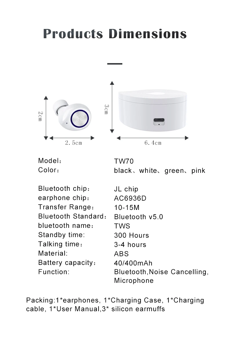 TW70 TWS беспроводные Bluetooth наушники, сенсорные Bluetooth наушники 5,0, Мини Портативные водонепроницаемые спортивные наушники, 3D стерео гарнитура