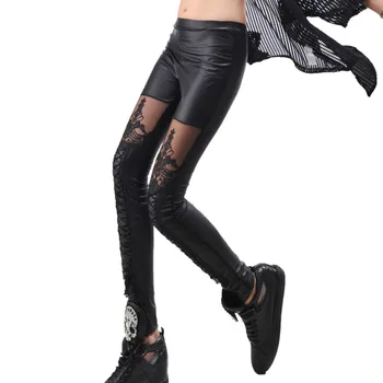 

2019 Fitness Fashion Sexy Woman Stitching Lace Stretch Skinny Leg Faux Leather Leggings Women Pants Punk Legging #25
