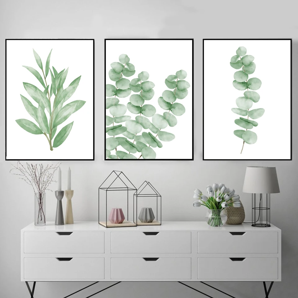 

Плакаты и принты зеленых растений в скандинавском стиле, Картина на холсте с акварельными листьями, Декоративная Настенная картина, Современное украшение для дома