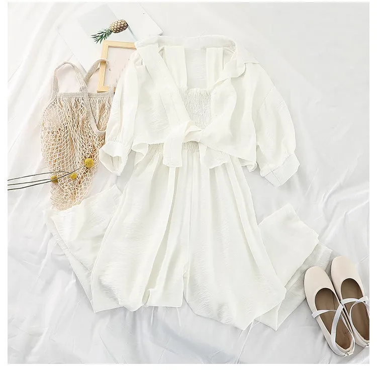

Nice Summer Two Piece Set Casual Fashion Women Short Coat Loose Strap Jumpsuit Set