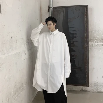 

Stage Costumes Men Long Sleeve Loose Side Button Casual Long Shirt Cardigan Male Japan Streetwear Hip Hop Party Dress Shirt Coat