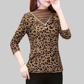 

JUAY KALA sweater women Autumn And Winter Women's Thick Leopard Print Large Size Bottoming Shirt Warm Sweater Women