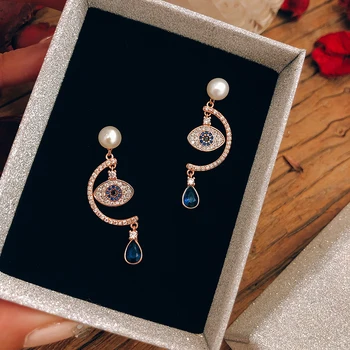 

S10-002 925 Sterling Silver Evil Eye Long Tassel Pearl Drops Earrings Asymmetric Stud Dangle Earrings