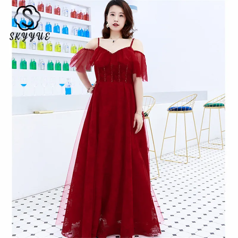

Skyyue Sling Floor Length Robe De Soiree Evening Gown 2019 Plus Size Short Sleeve Ruffles Evening Dress Women Party Dresses T080