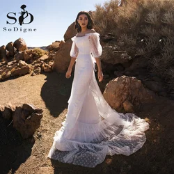 SoDigne Boho Wedding Dresses 2022 New Off The Shoulder Half Sleeves Dot Tulle Wedding Formal Gown Tiered Women Bride Dress
