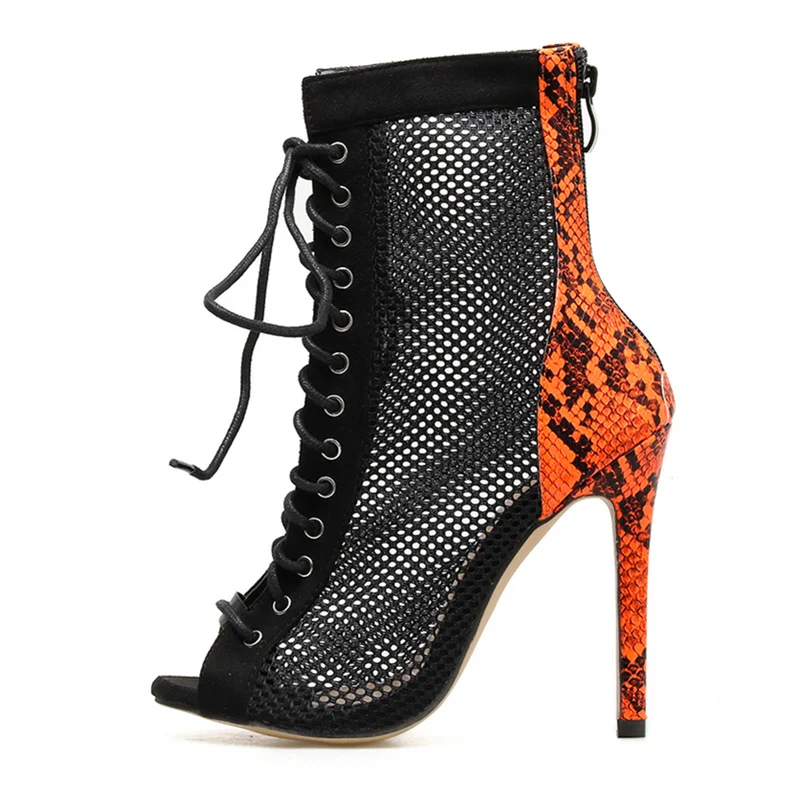 

2019 Luxury Women Ankle Boots Sexy 11.5cm High Heels Lady Snake Print Green Boots Short Peep Toe Lace Up Stripper Sexy Shoes