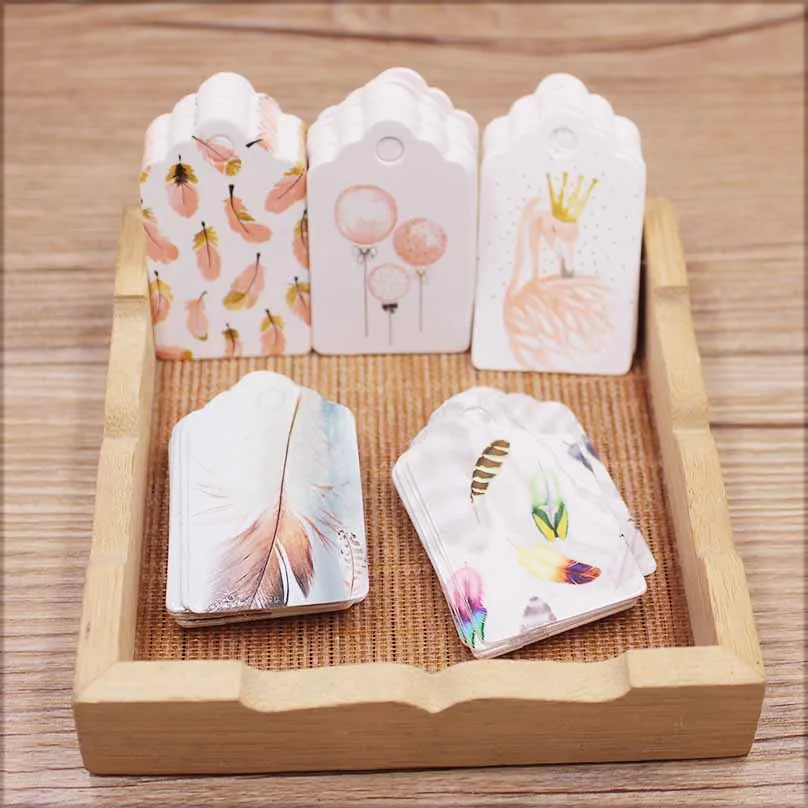 New 5*3cm DIY printed gifts wedding candy favors hang tag label Feathers pattern gifts favors decoration  hang tag party suppile