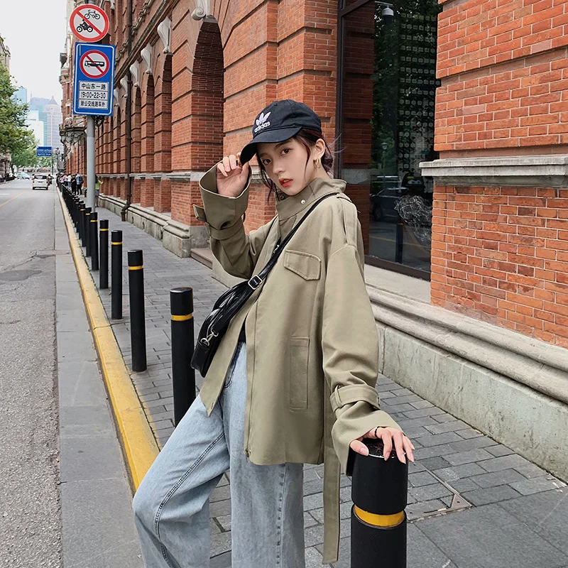

2019 Autumn Mid-length Stand Collar Zipper Commuting Long Sleeve Solid Color Trench Coat